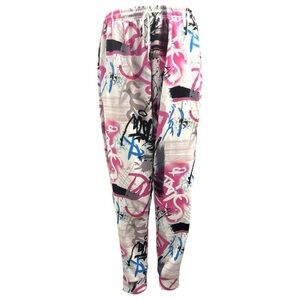 Y2K Graffiti White Pink Drawstring Jogging Pants Womens Size M Urban Streetwear‎